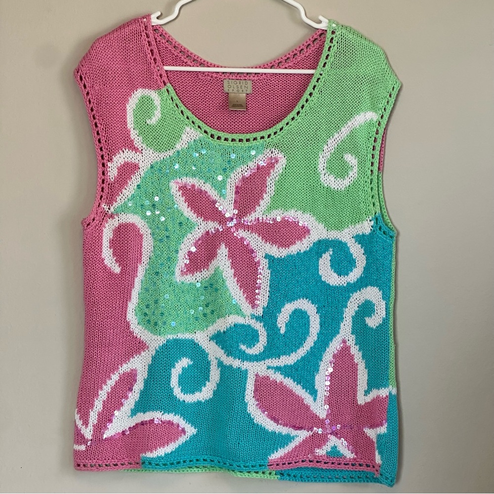 Sigrid Olsen Sport Vintage Silk Cotton Blend Pink Blue Sleeveless Sweater Large